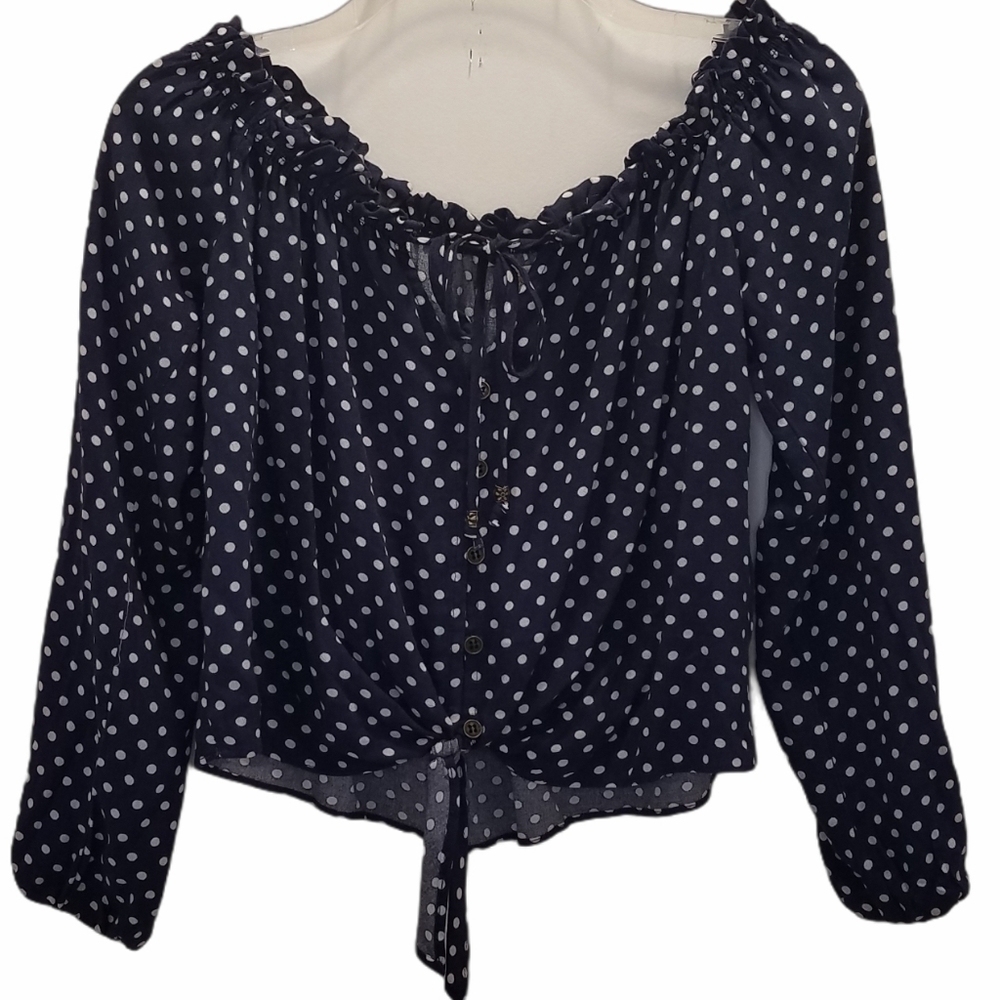 Rewind Women's Size XS Blouse Cropped Tie Blue Polka Dot Top Shirt